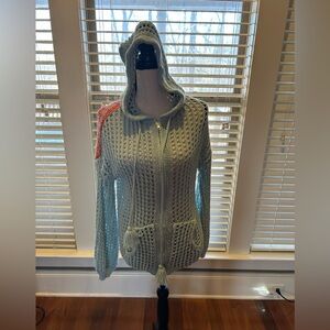 POL Women's Light Blue Crochet zip up cardigan Sweater with Hood